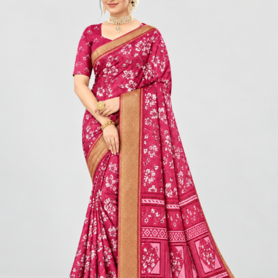 Magenta Floral Silk Saree with Golden Border