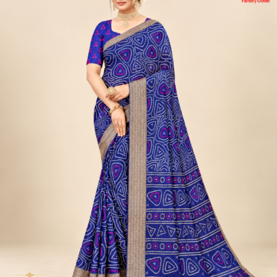 Navy Blue Bandhani Style Silk Saree with Golden Border