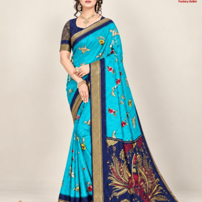 Turquoise Blue Silk Saree with Navy Designer Pallu