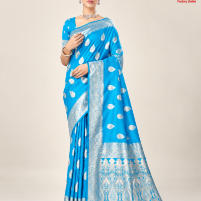 Sky Blue Silk Saree with Silver Zari Border