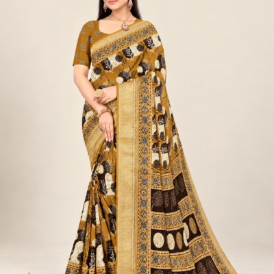 Mustard Gold Printed Silk Saree with Designer Border