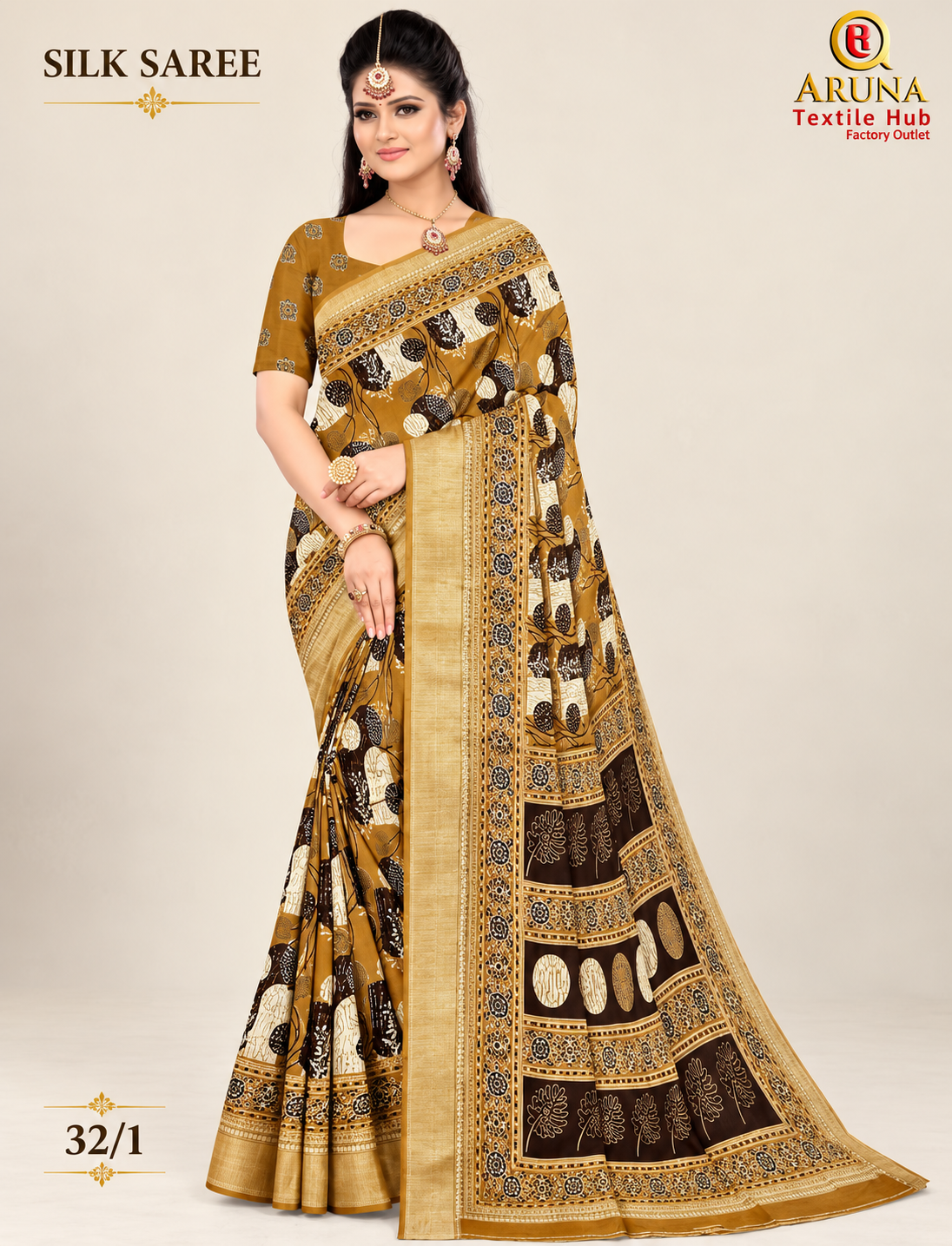Mustard Gold Printed Silk Saree with Designer Border