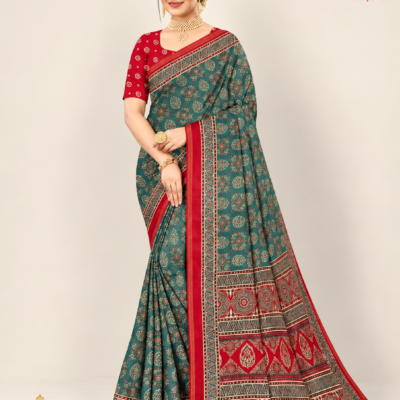 Green & Red Designer Silk Saree with Traditional Border
