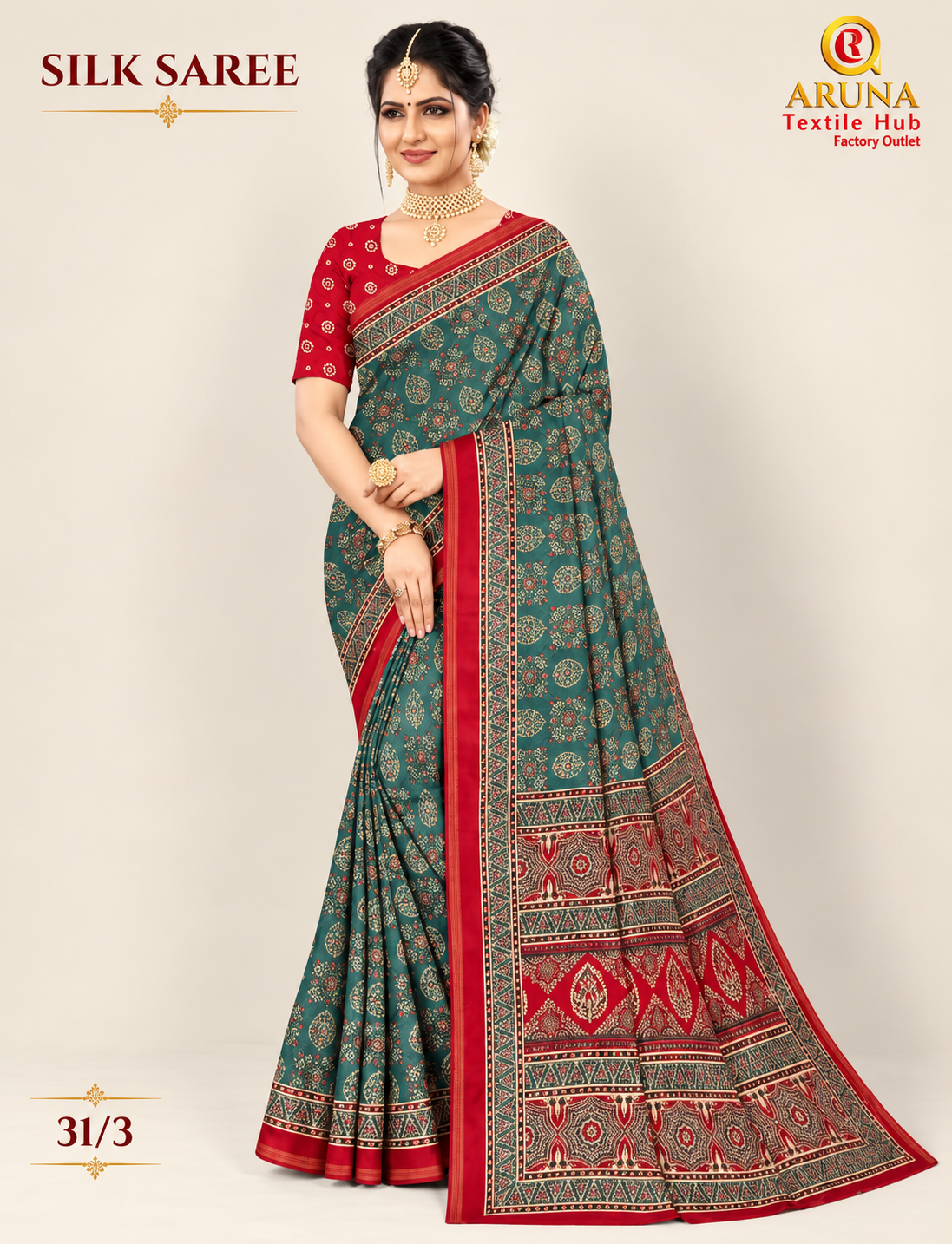 Green & Red Designer Silk Saree with Traditional Border