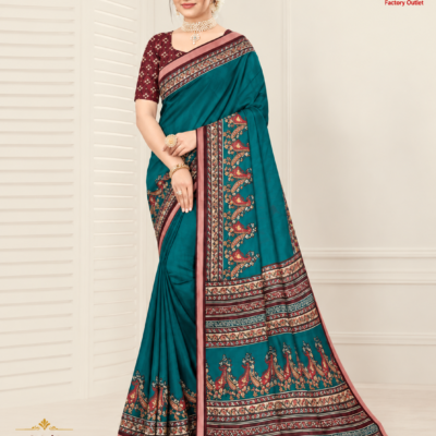 Teal Green Silk Saree with Traditional Printed Border