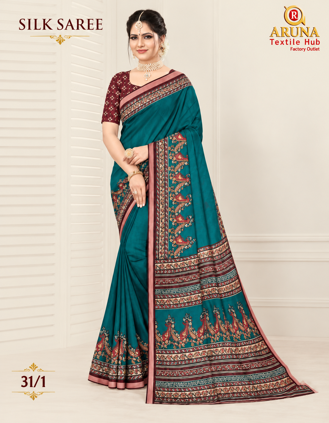 Teal Green Silk Saree with Traditional Printed Border