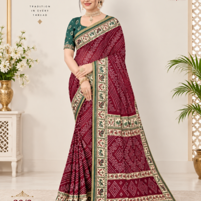Maroon & Green Printed Silk Saree