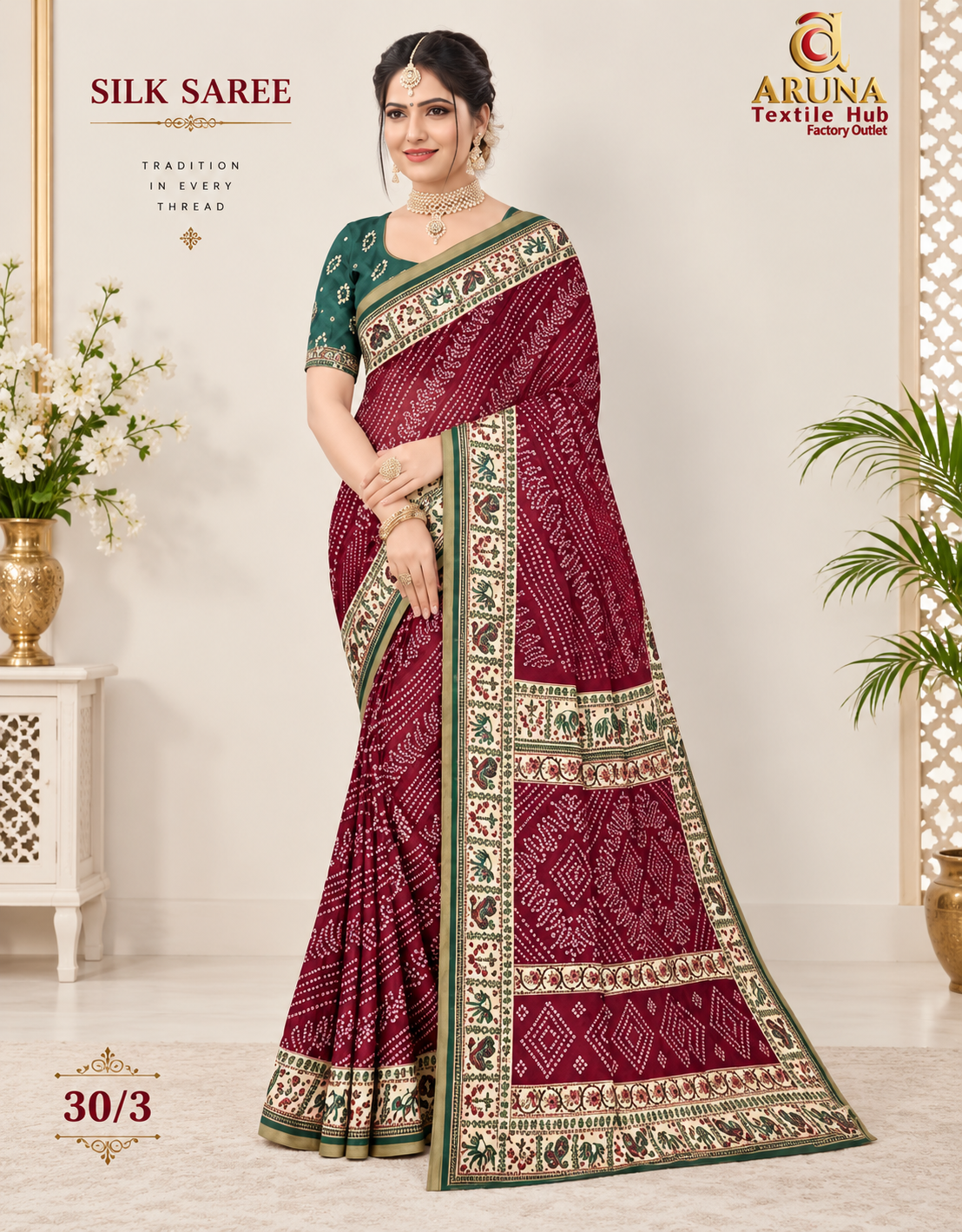 Maroon & Green Printed Silk Saree