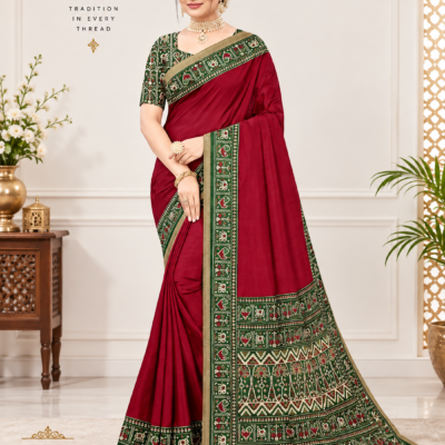 Maroon Silk Saree with Green Traditional Border