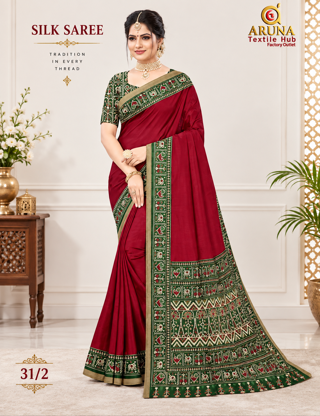 Maroon Silk Saree with Green Traditional Border