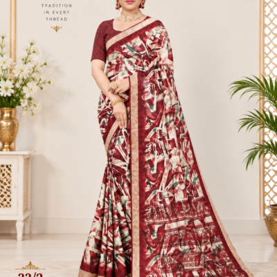 Maroon & Cream Printed Silk Saree