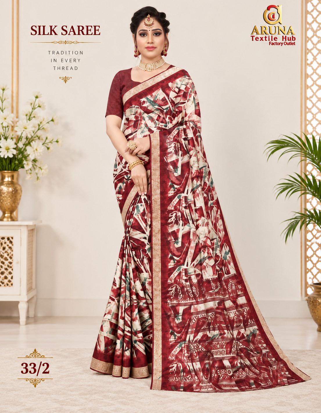 Maroon & Cream Printed Silk Saree