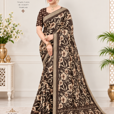 Brown Floral Printed Silk Saree