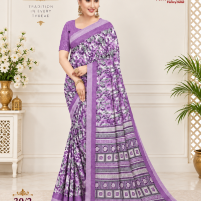 Purple Floral Printed Silk Saree