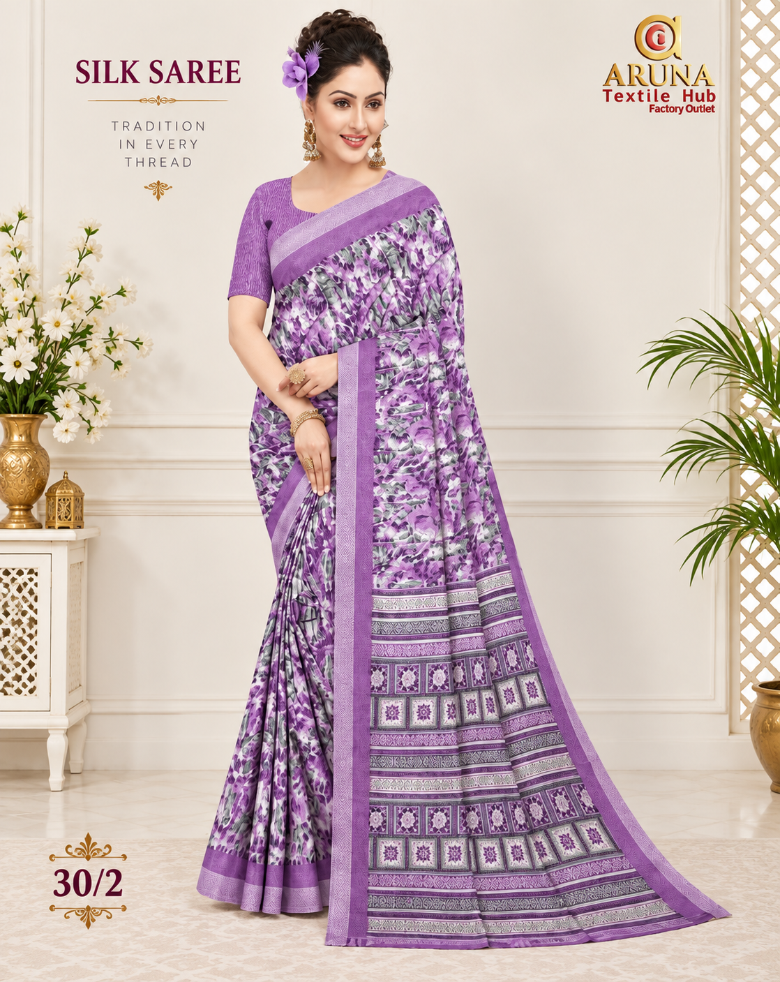 Purple Floral Printed Silk Saree