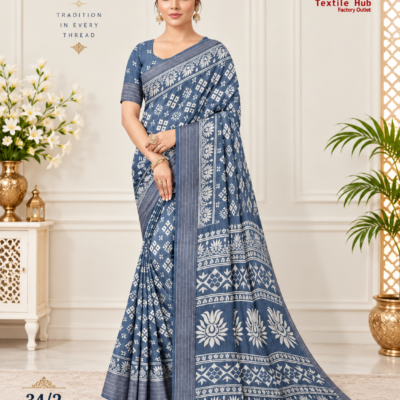 Slate Blue Printed Silk Saree