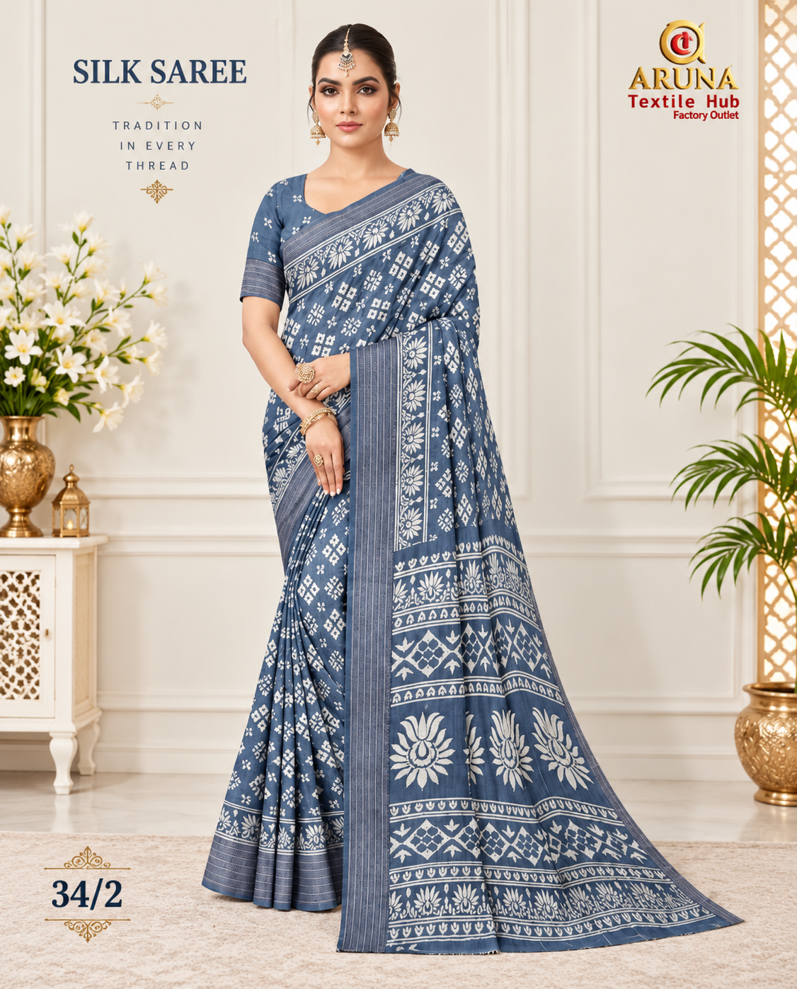 Slate Blue Printed Silk Saree