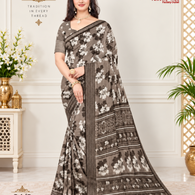 Brown Floral Printed Silk Saree
