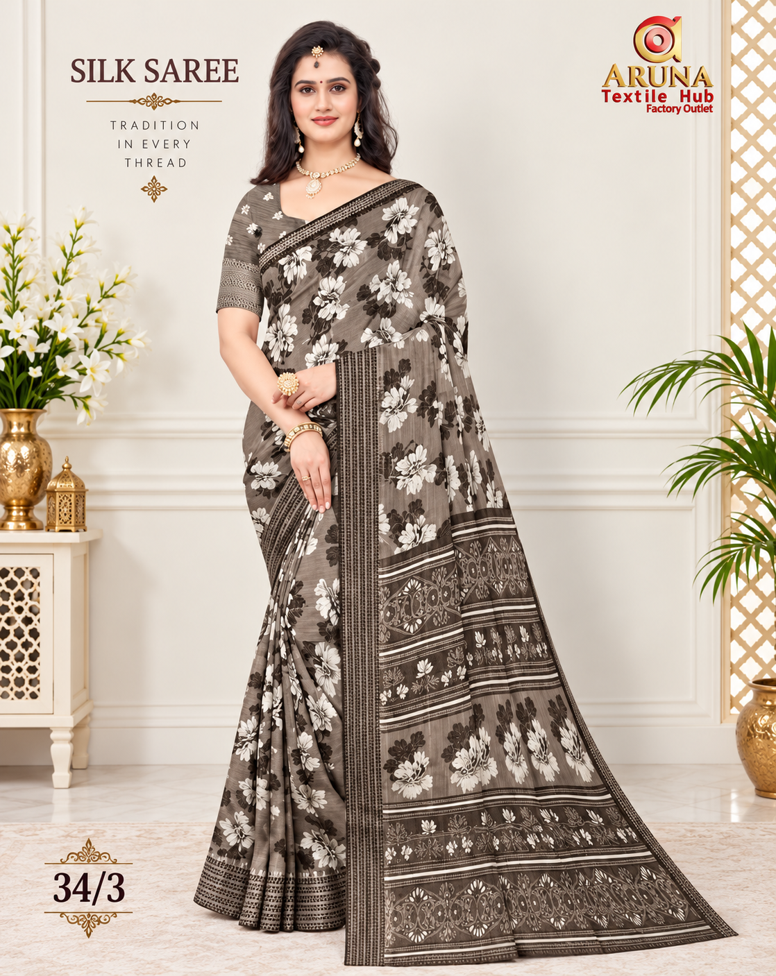 Brown Floral Printed Silk Saree