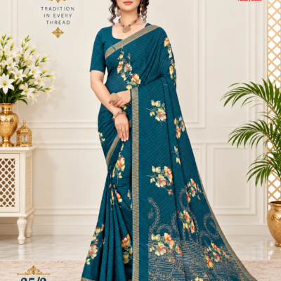 Teal Floral Printed Silk Saree