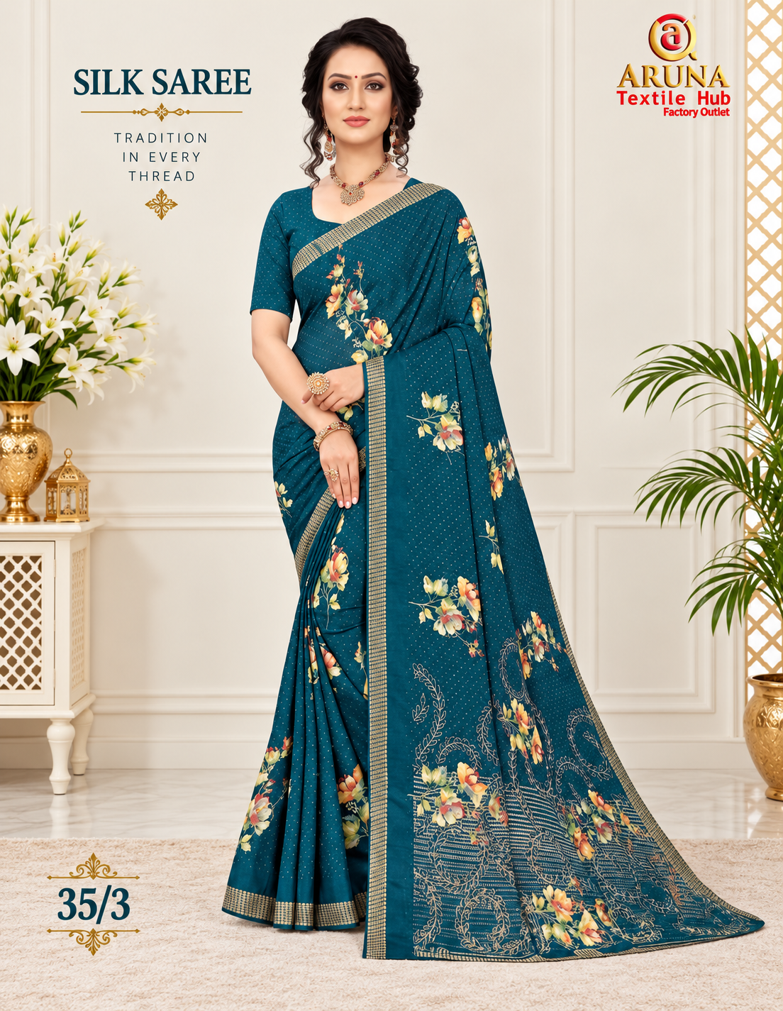 Teal Floral Printed Silk Saree