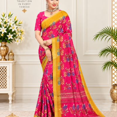 Pink Floral Printed Silk Saree