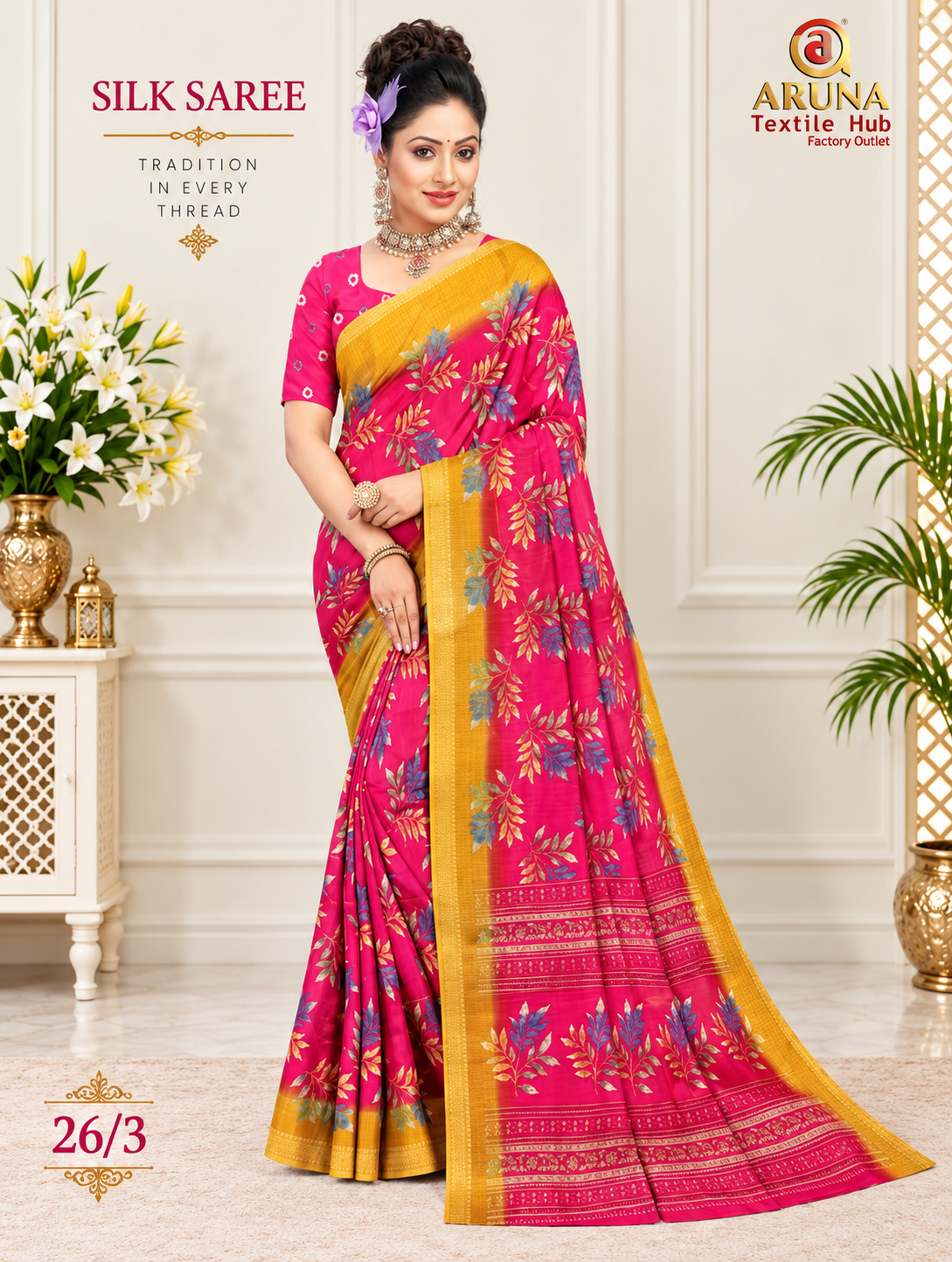 Pink Floral Printed Silk Saree