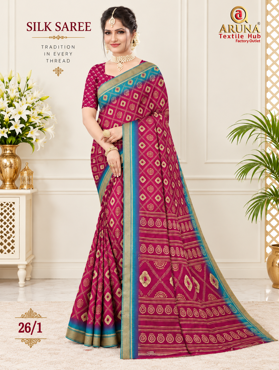 Magenta Geometric Printed Silk Saree