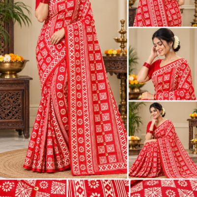 Red & White Printed Silk Saree