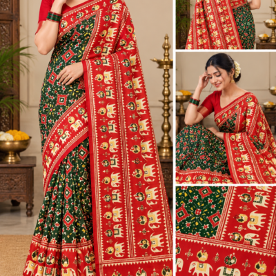 Red & Green Elephant Motif Silk Saree