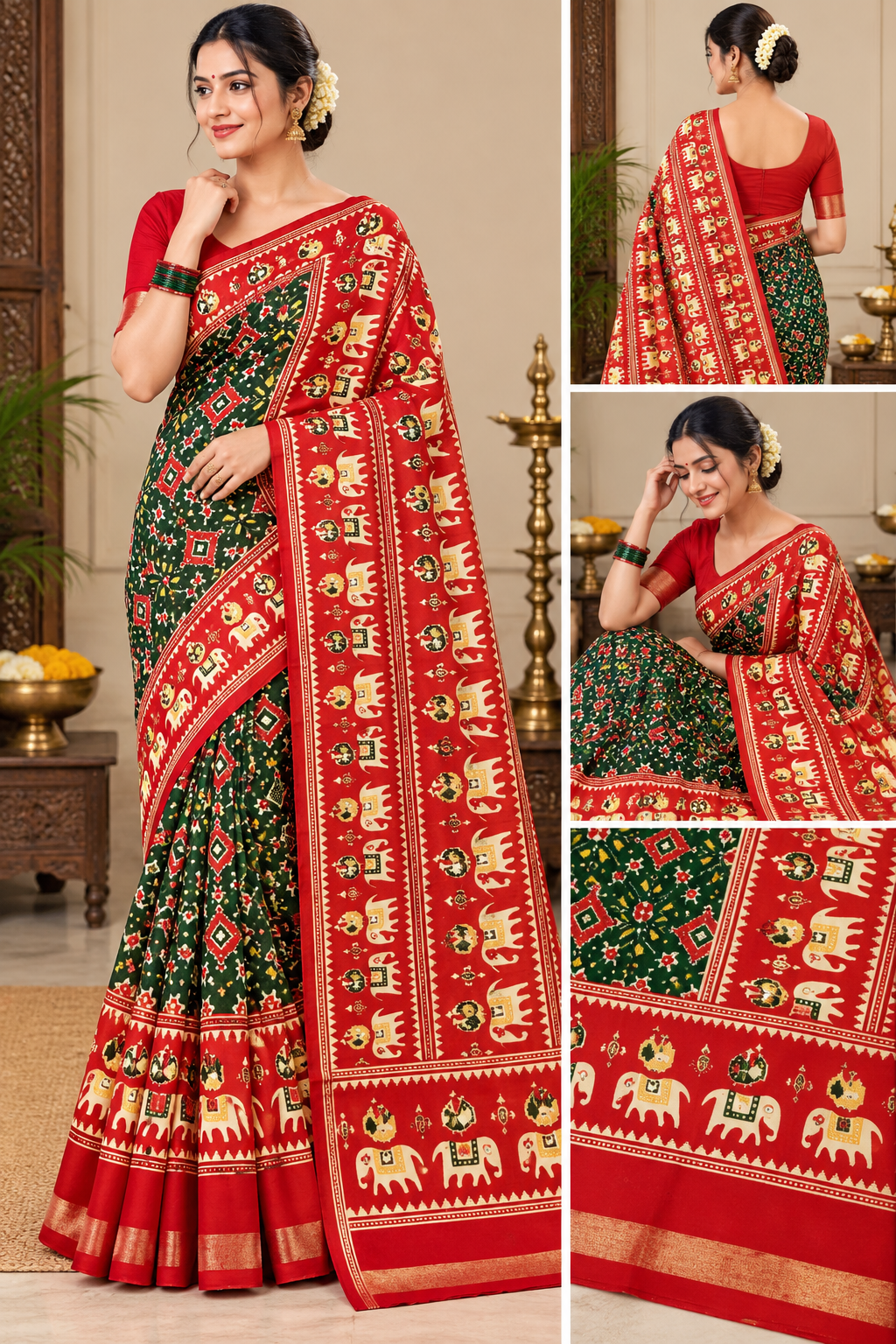 Red & Green Elephant Motif Silk Saree