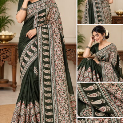 Dark Green Paisley Printed Silk Saree