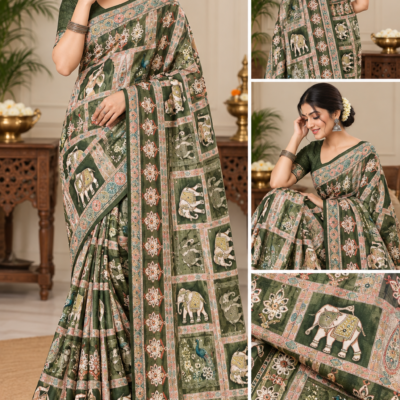 Olive Green Elephant & Peacock Printed Silk Saree