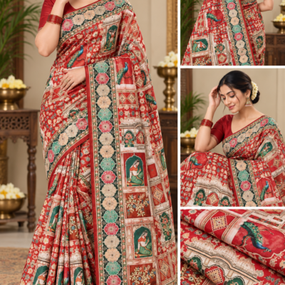 Royal Red Peacock & Heritage Print Silk Saree