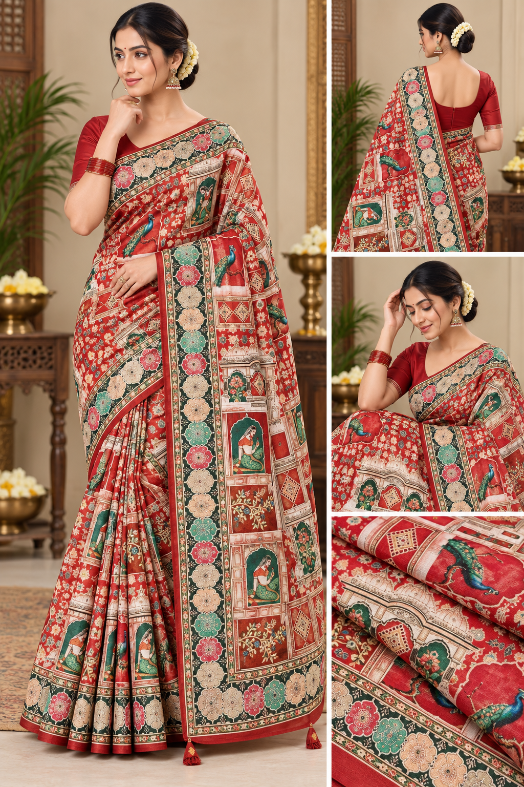 Royal Red Peacock & Heritage Print Silk Saree