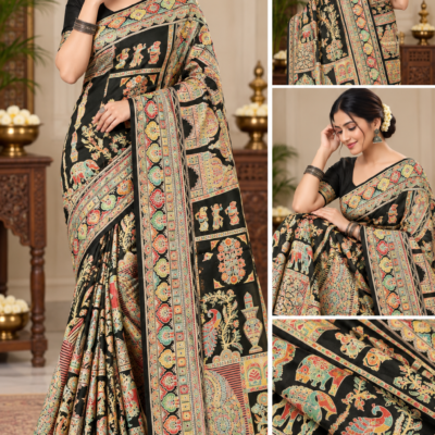 Black Traditional Folk Art Printed Silk Saree