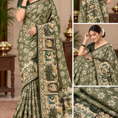 Olive Green Floral & Royal Motif Printed Saree