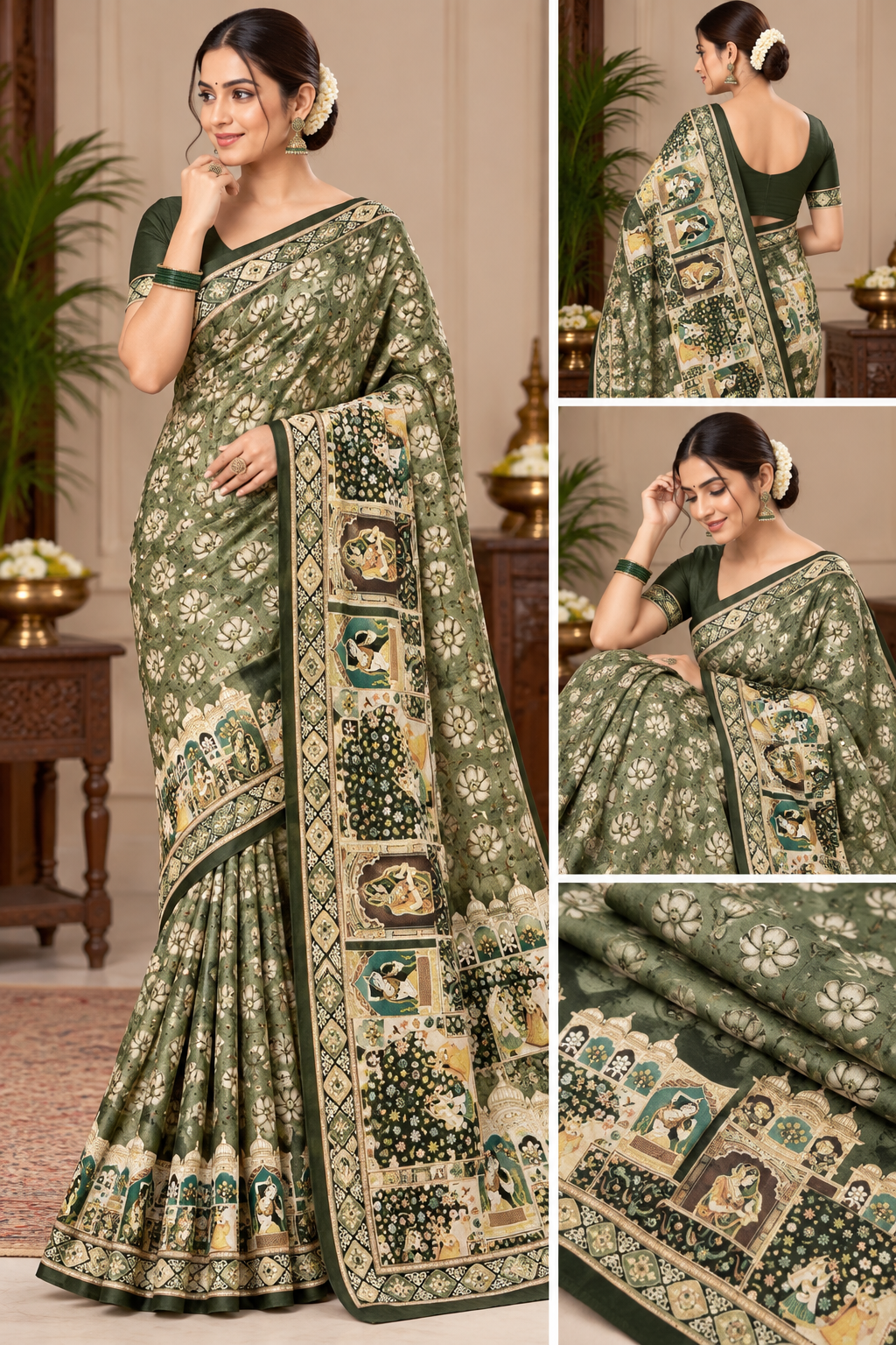Olive Green Floral & Royal Motif Printed Saree
