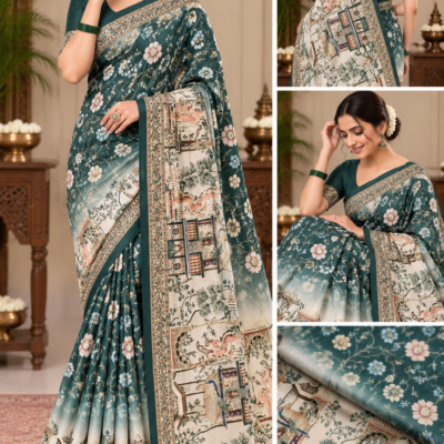 Emerald Green Floral Heritage Print Saree