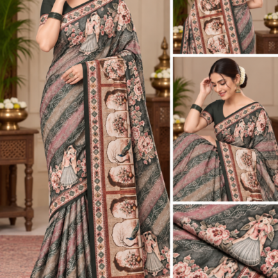 Vintage Floral Peacock Print Saree