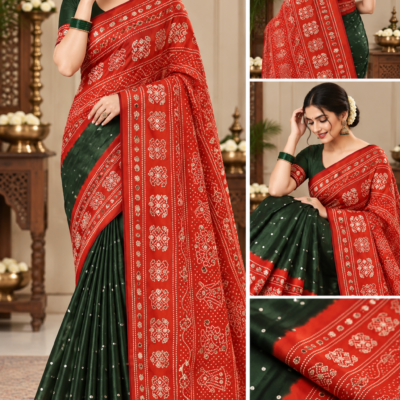 Red & Dark Green Bandhani Print Saree