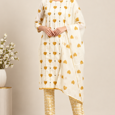 Ivory & Golden Heart Print Cambric Dress Material Set