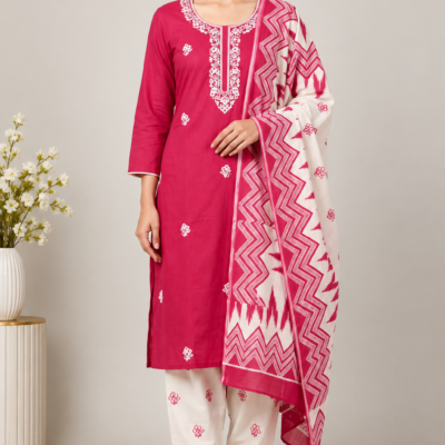 Magenta & Cream Printed Cambric Dress Material