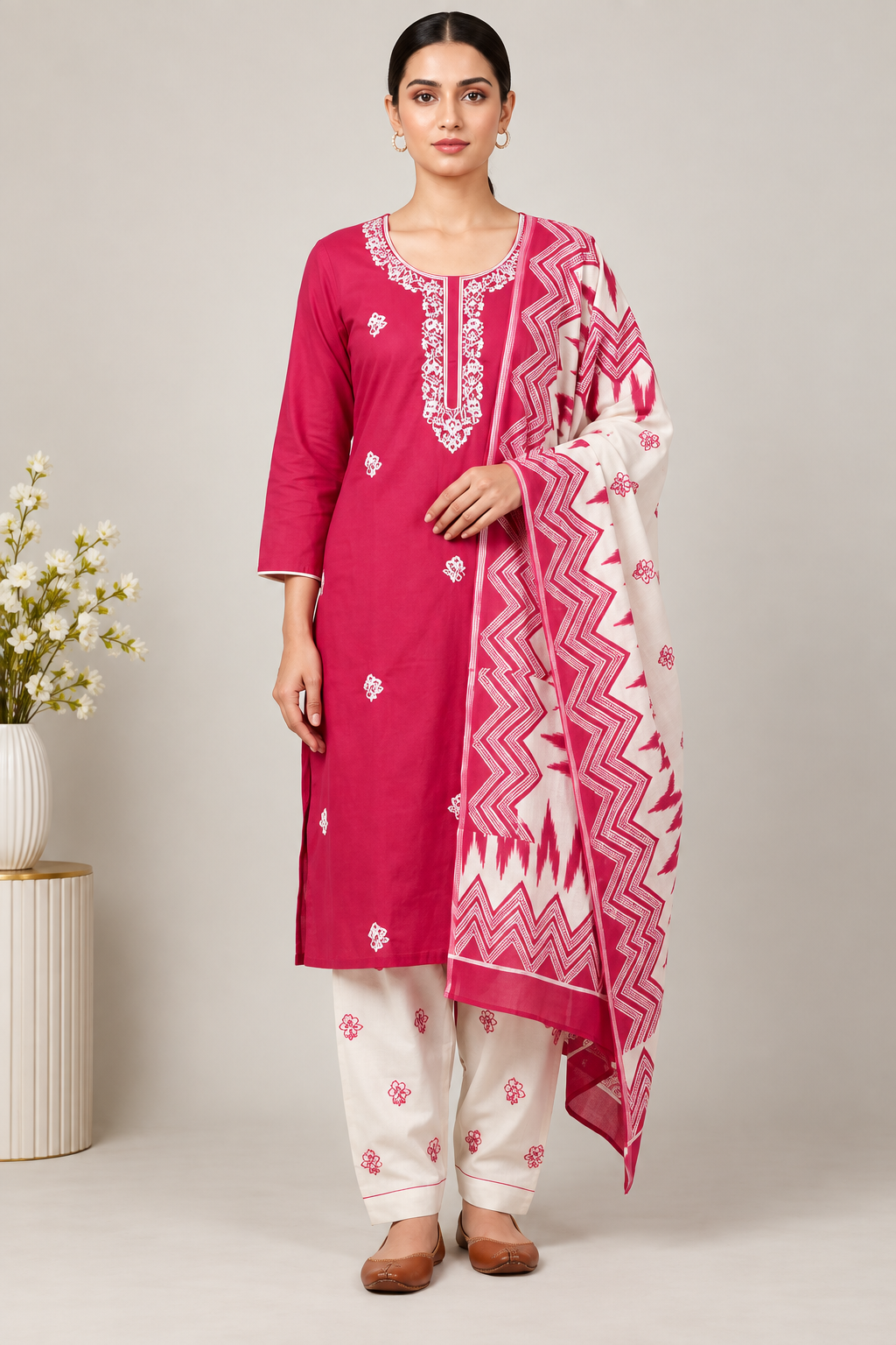 Magenta & Cream Printed Cambric Dress Material