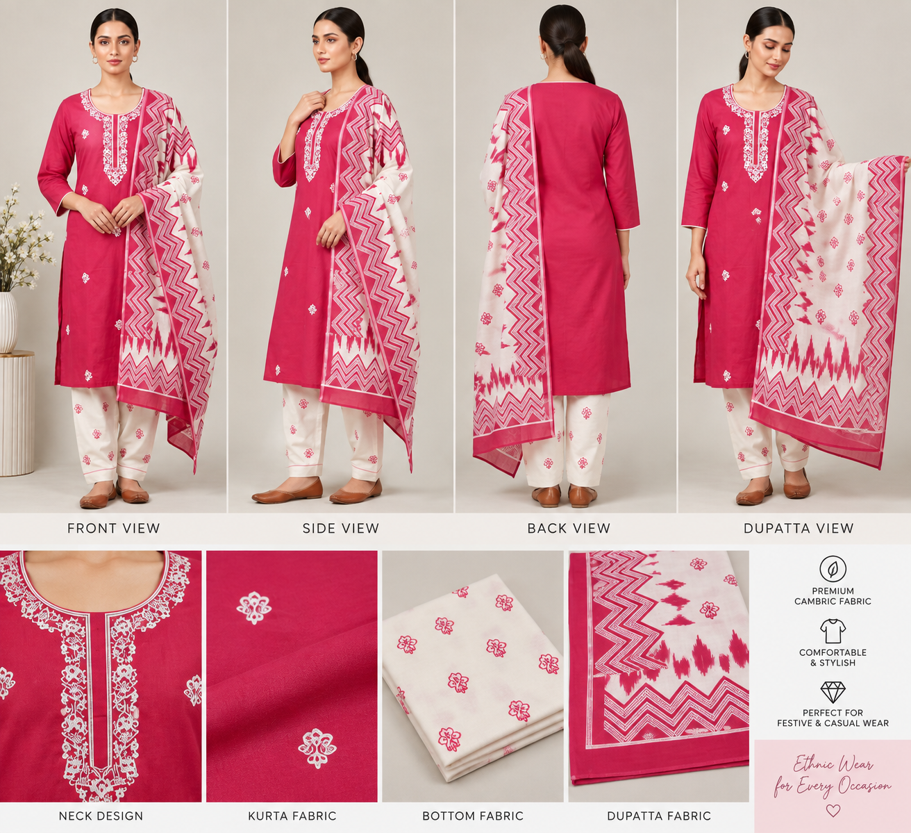 Magenta & Cream Printed Cambric Dress Material - Image 2