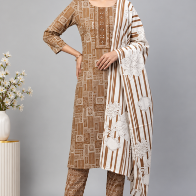 Brown & White Printed Cambric Dress Material