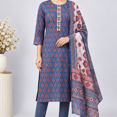 Blue & Rust Geometric Print Cambric Dress Material