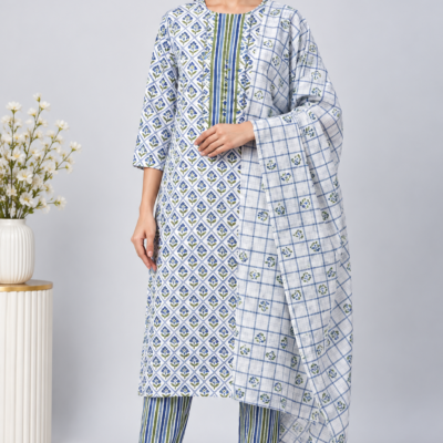 White Blue & Olive Printed Cambric Dress Material