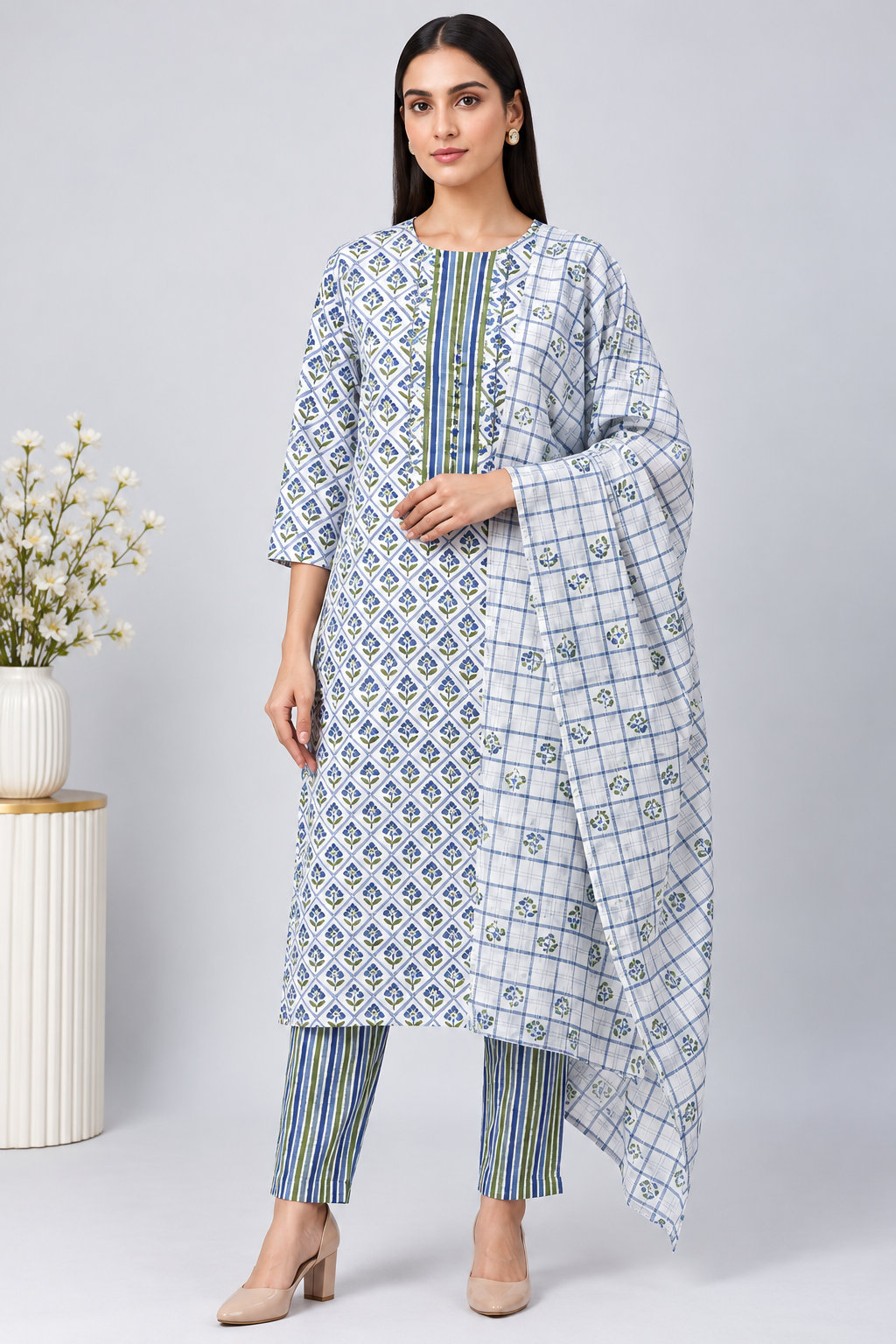 White Blue & Olive Printed Cambric Dress Material