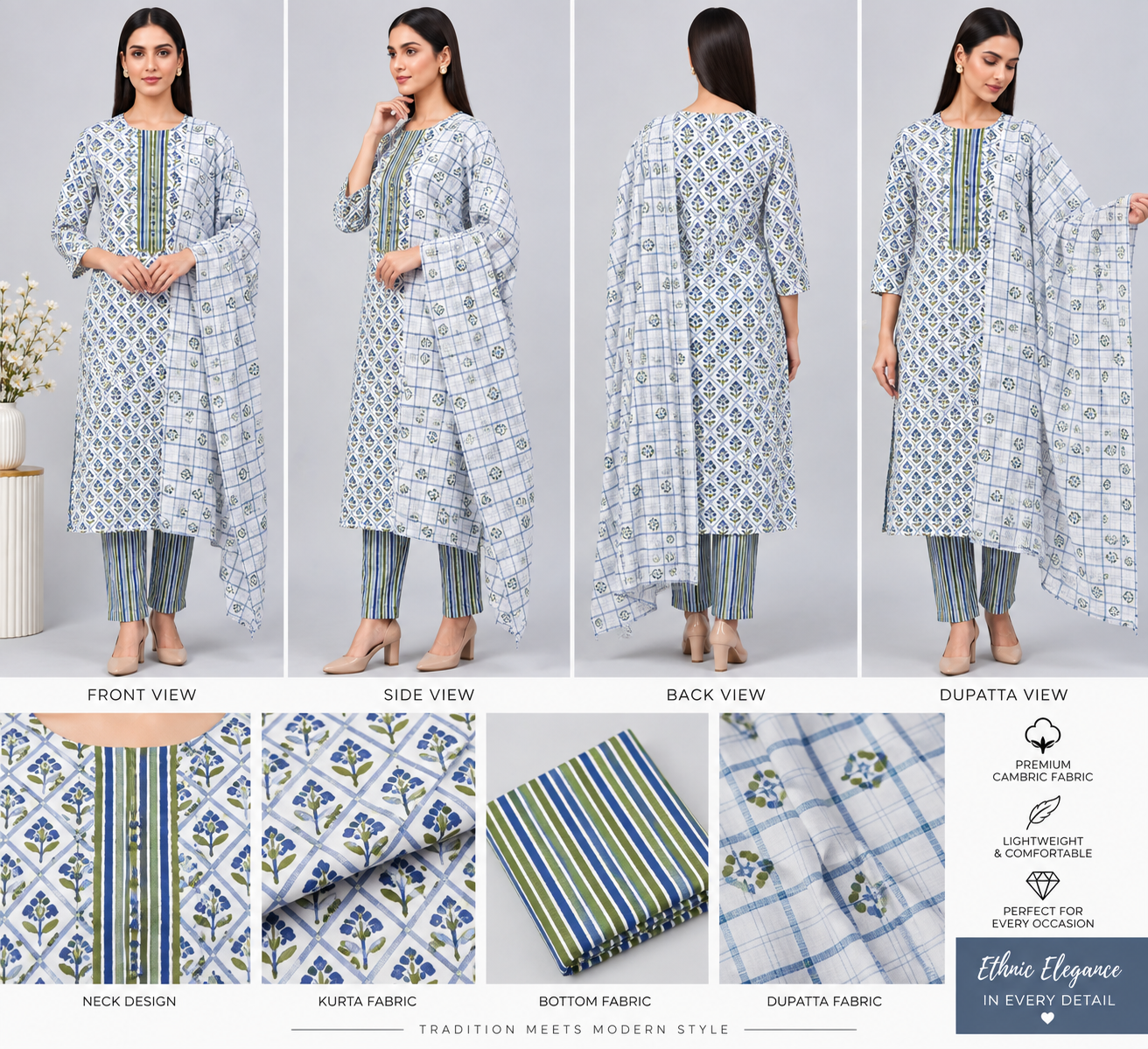 White Blue & Olive Printed Cambric Dress Material - Image 2